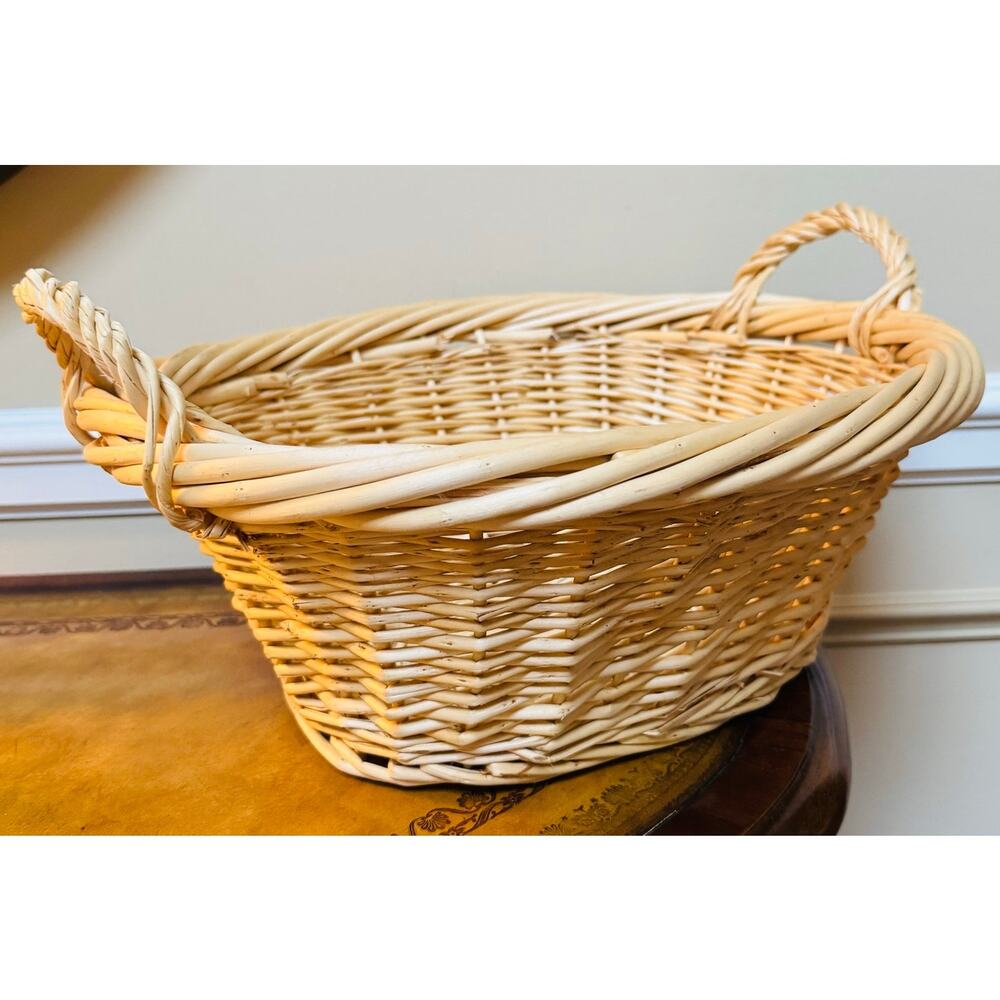 Tan Brown Wicker Boho Basket w Handles Farmhouse Rustic Organize Storage